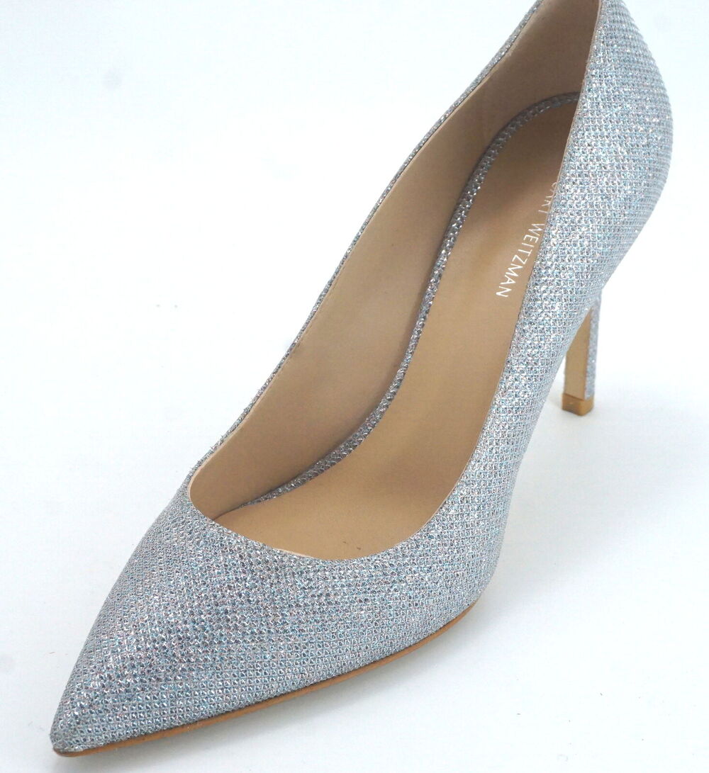 Stuart Weitzman Leigh Silver Glitter Pointed Toe Heel Pump SZ 8 $495